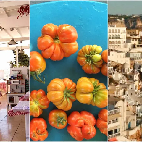 The terrace, heirloom tomatoes and Fira