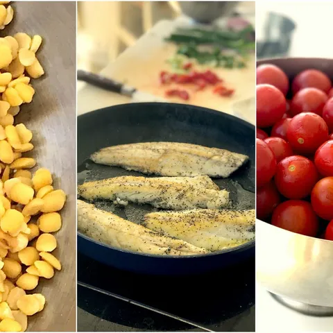 Fava, fish in the pan and cherry tomatoes