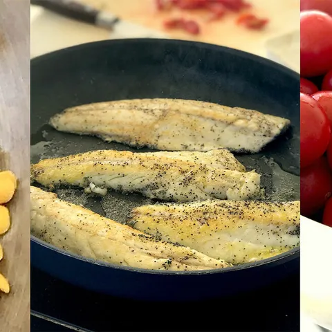 Fava, fish and cherry tomatoes