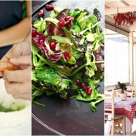 The kitchen, a salad and the terrace